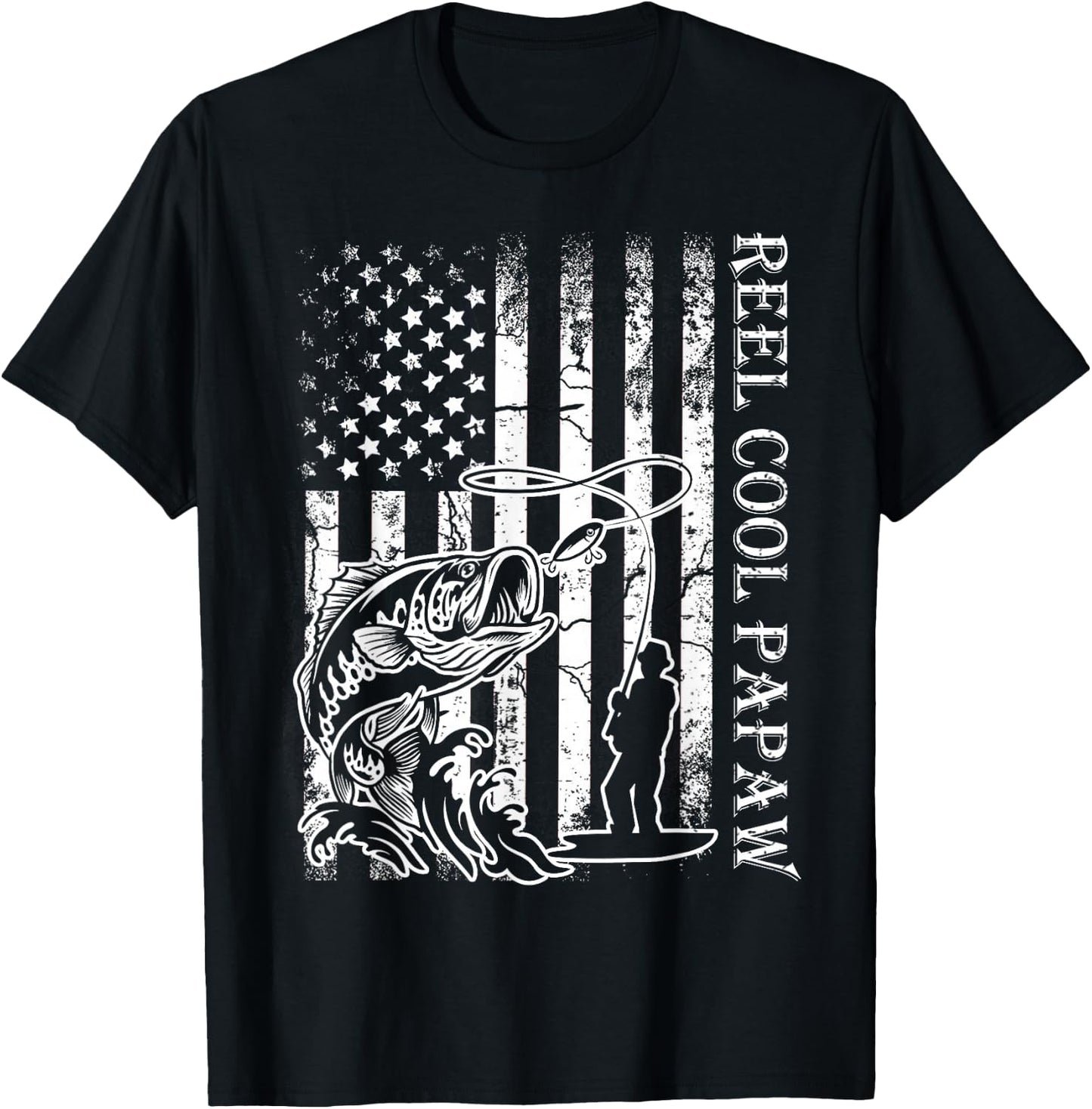 Fishing Reel Cool Papaw American Flag Fathers Day T-Shirt - T-Shirt | Black