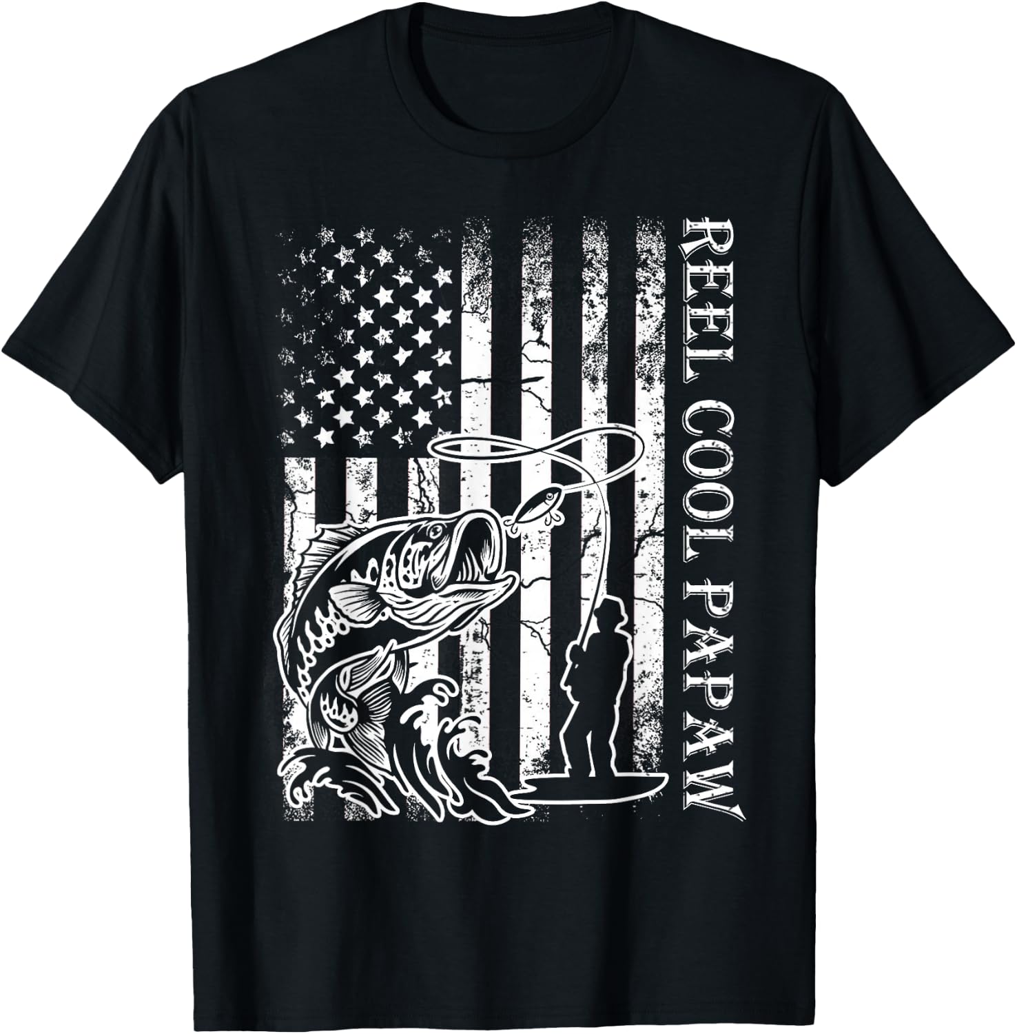 Fishing Reel Cool Papaw American Flag Fathers Day T-Shirt - T-Shirt | Black
