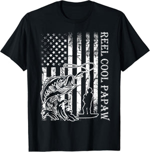 Fishing Reel Cool Papaw American Flag Fathers Day T-Shirt - T-Shirt | Black