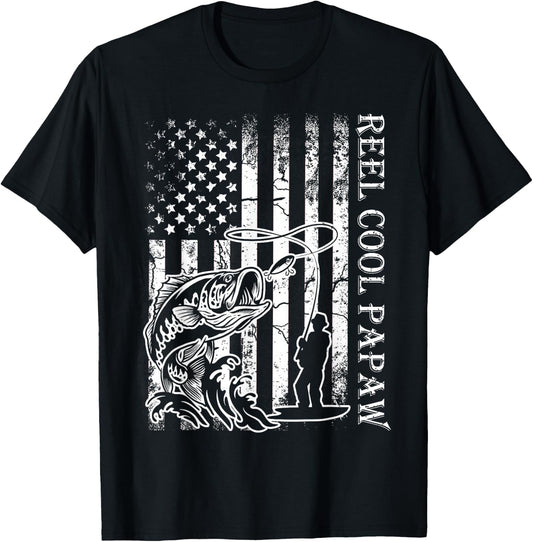 Fishing Reel Cool Papaw American Flag Fathers Day T-Shirt - T-Shirt | Black