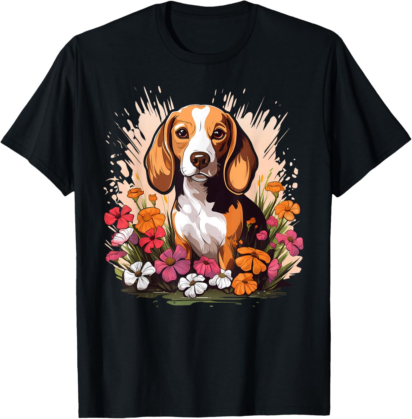 Cute Beagle Spring Flower Garden Beautiful Nature Puppy Dog T-Shirt - T-Shirt | Black