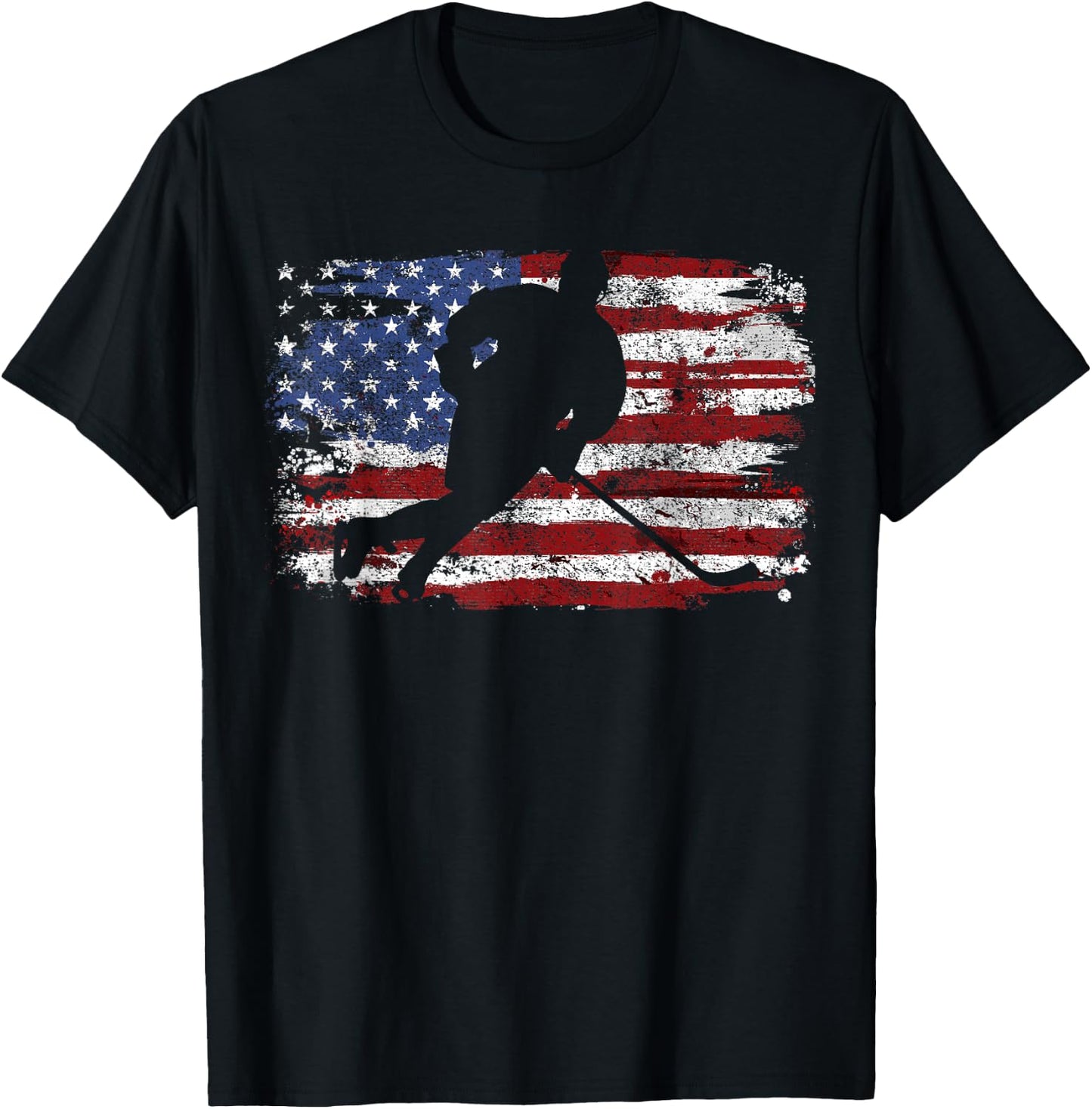 Ice Hockey Player USA American Flag 4th of July Gift T-Shirt - T-Shirt | Black