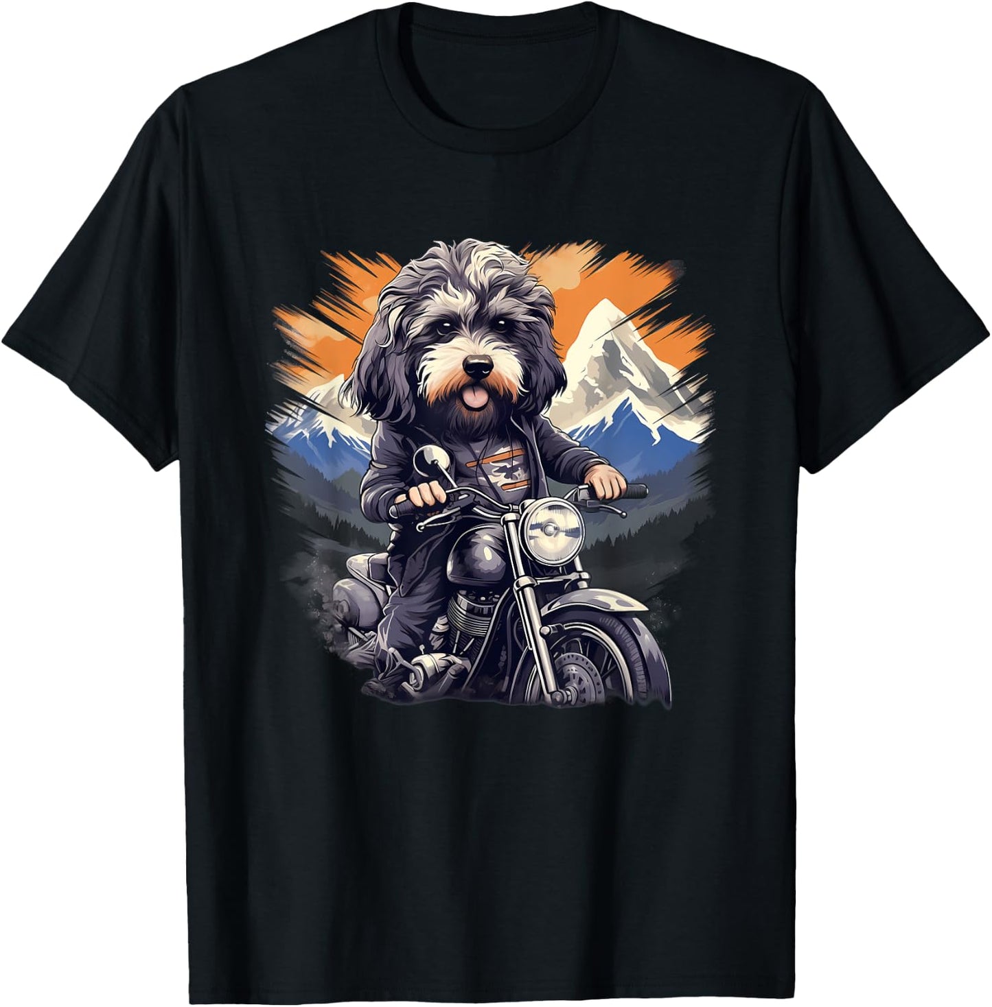 Biker Aussiedoodle Dog Riding Motorbike T-Shirt - T-Shirt | Black