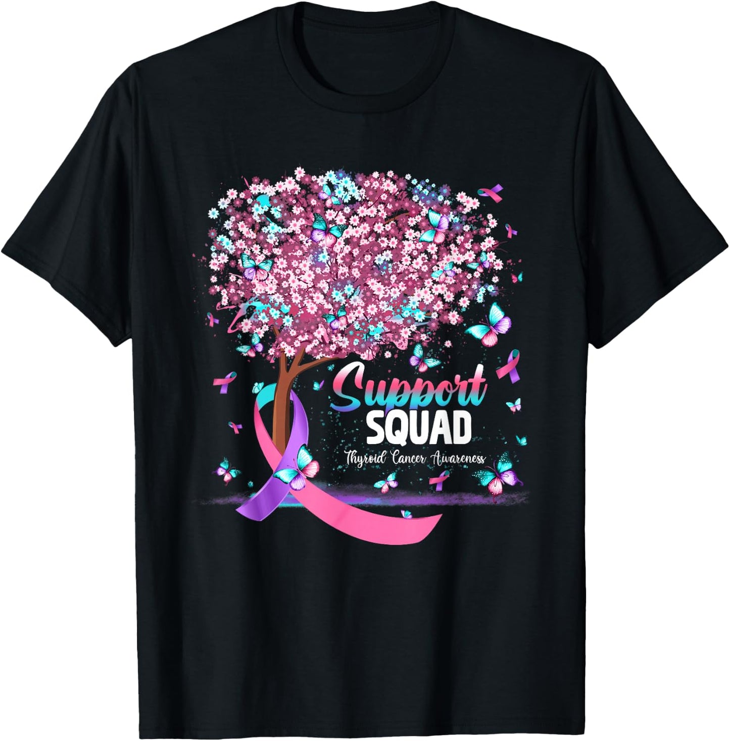 Support Squad Butterfly Purple Pink Ribbon Thyroid Cancer T-Shirt - T-Shirt | Black