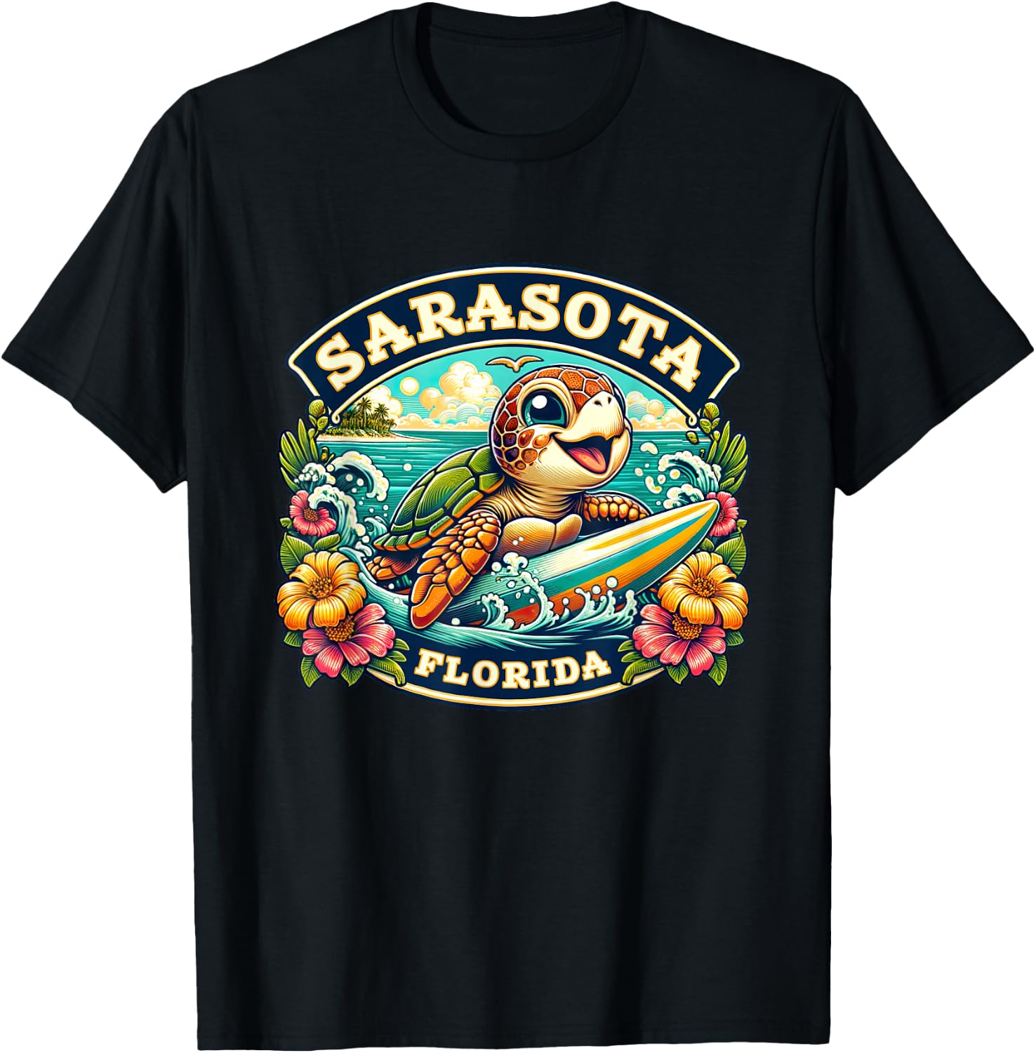 Sarasota Florida Cute Sea Turtle Surfing T-Shirt - T-Shirt | Black