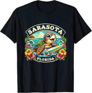Sarasota Florida Cute Sea Turtle Surfing T-Shirt - T-Shirt | Black