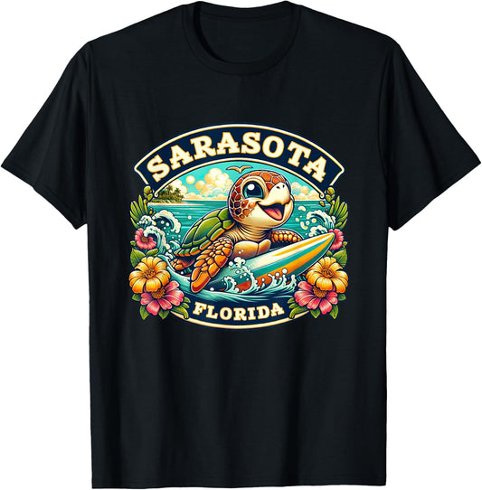 Sarasota Florida Cute Sea Turtle Surfing T-Shirt - T-Shirt | Black