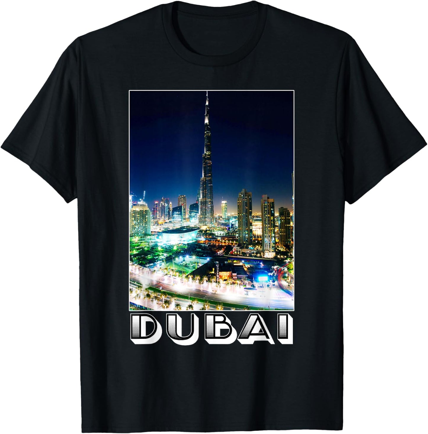 Dubai Cityscape at Night Burj Khalifa Tower - Dubai Tourist T-Shirt - T-Shirt | Black