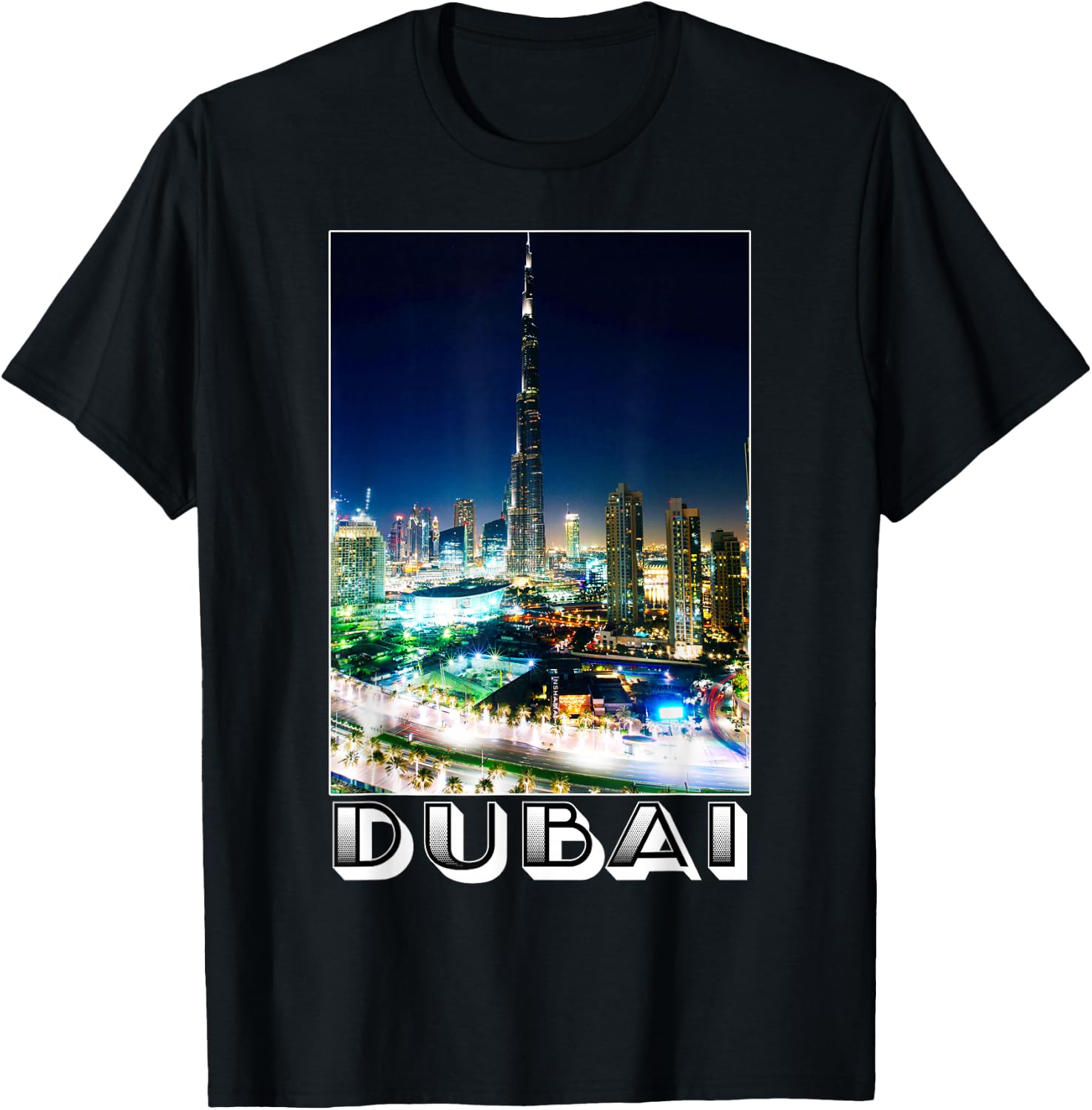 Dubai Cityscape at Night Burj Khalifa Tower - Dubai Tourist T-Shirt - T-Shirt | Black