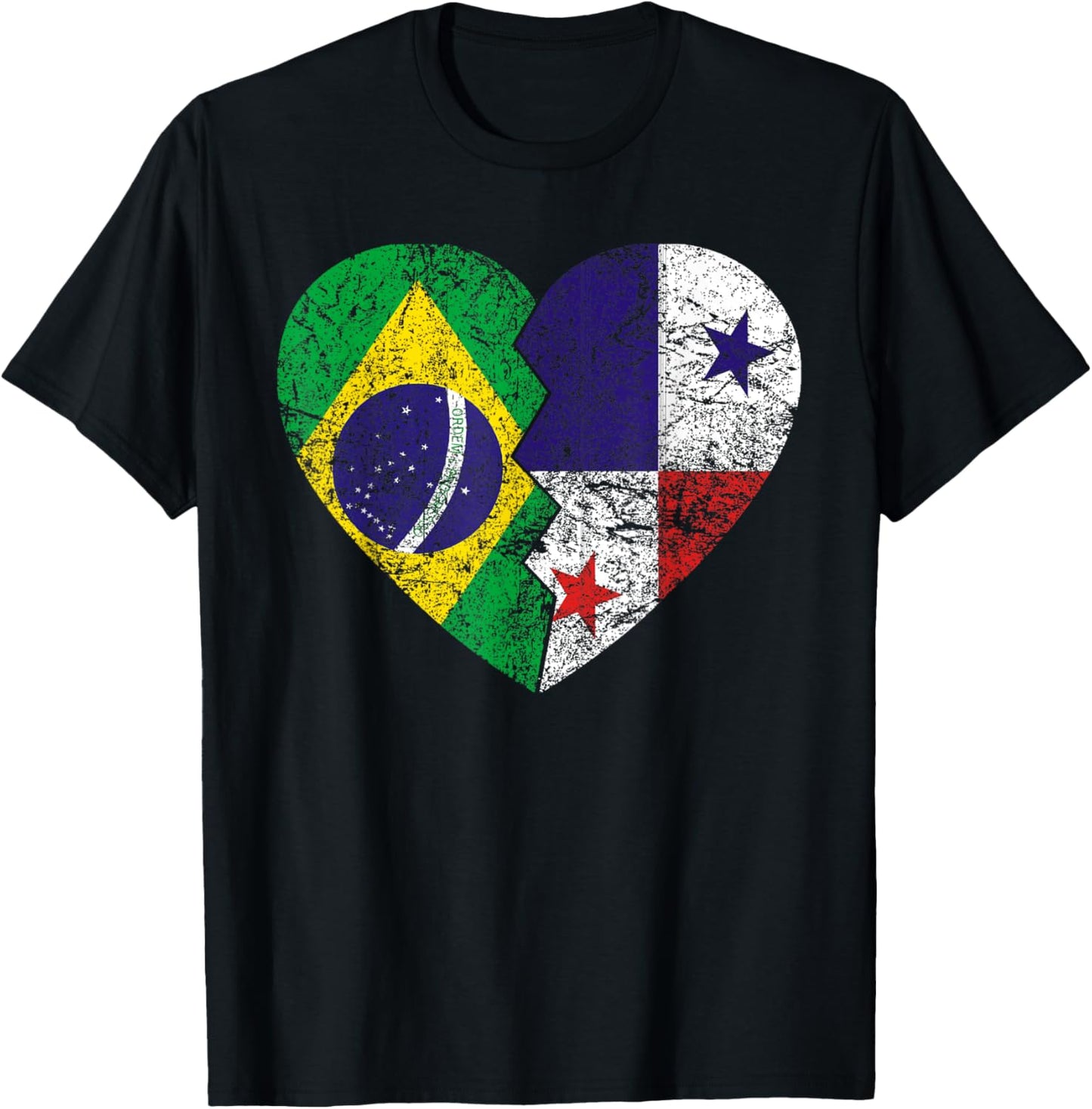 Panamanian Brazilian Flags Heart | Brazil Panama Roots T-Shirt - T-Shirt | Black
