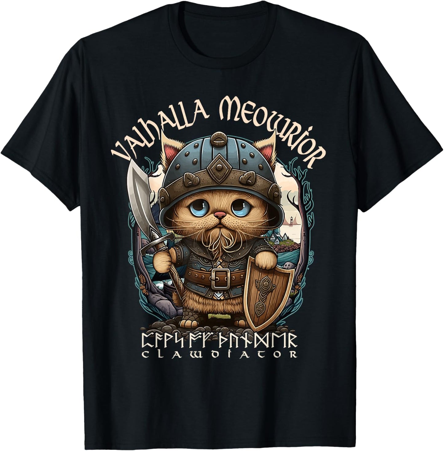Nordic Norse Valhalla Viking Cat Warrior Men Kids T-Shirt - T-Shirt | Black