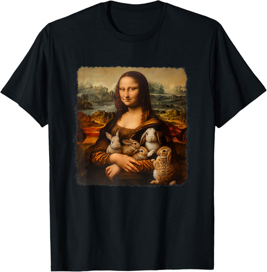 Mona Lisa With with Rabbits Funny Rabbit Art Painting T-Shirt - T-Shirt | Black