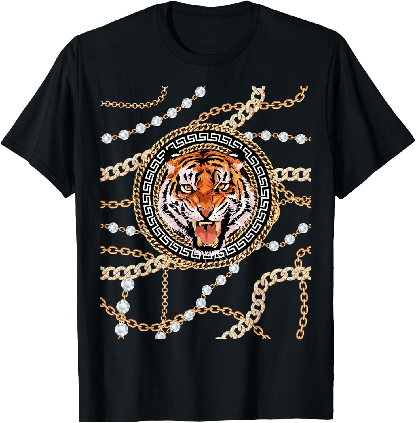 Rich Wild Tiger with Printed Gold Chains & Diamonds Style T-Shirt - T-Shirt | Black