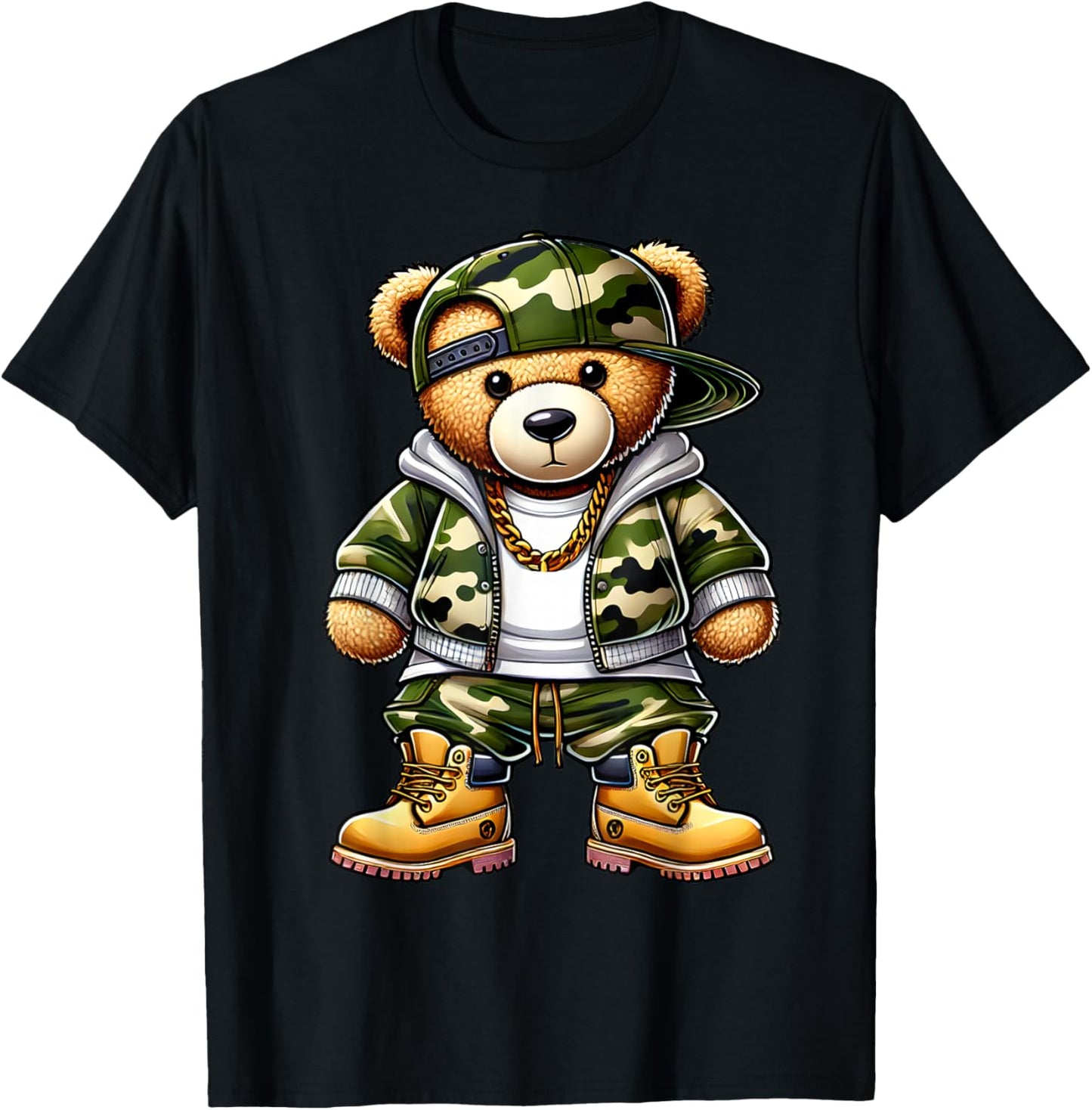 Camo Hip Hop Teddy Bear Camouflage Gangsta Streetwear Hustle T-Shirt - T-Shirt | Black