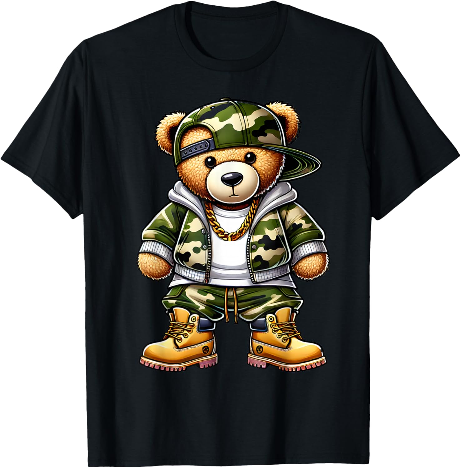 Camo Hip Hop Teddy Bear Camouflage Gangsta Streetwear Hustle T-Shirt - T-Shirt | Black