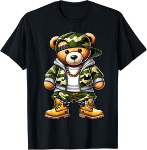 Camo Hip Hop Teddy Bear Camouflage Gangsta Streetwear Hustle T-Shirt - T-Shirt | Black