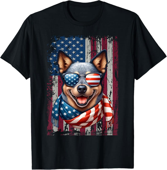 Australian Cattle Dog Lover US Flag 4th Of July Patriotic T-Shirt - T-Shirt | Black
