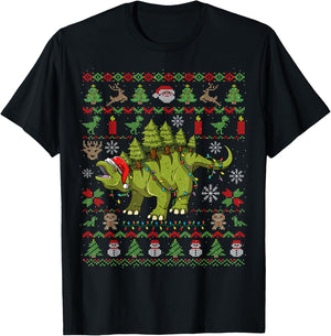 Stegosaurus Ugly Christmas Dinosaur Dino T-Shirt - T-Shirt | Black