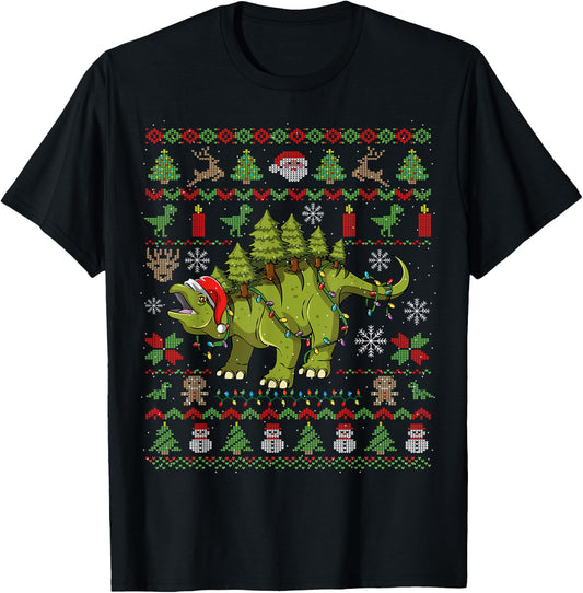 Stegosaurus Ugly Christmas Dinosaur Dino T-Shirt - T-Shirt | Black