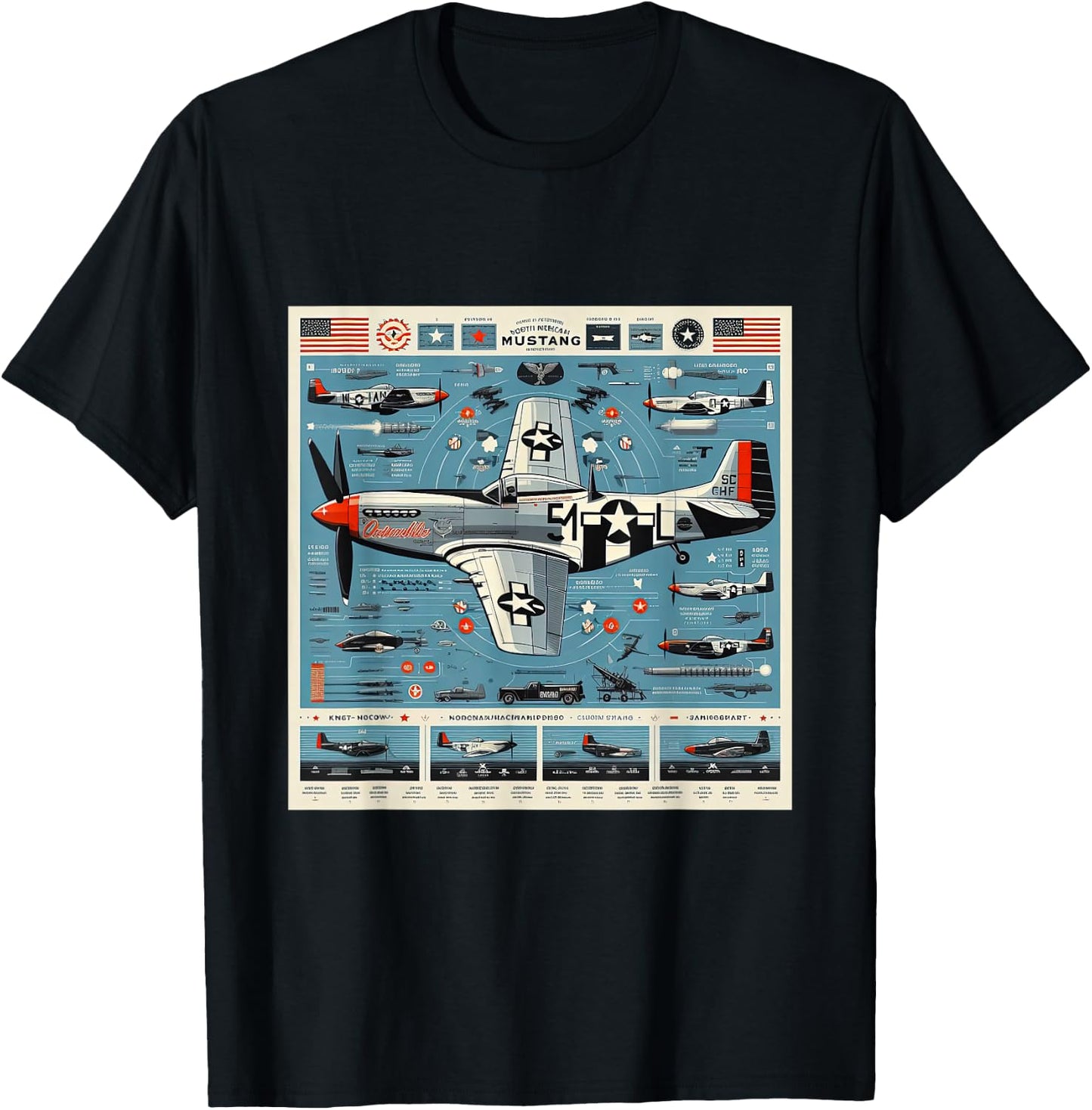 P51 Mustang WW2 Warplane Airplane Infographics T-Shirt - T-Shirt | Black