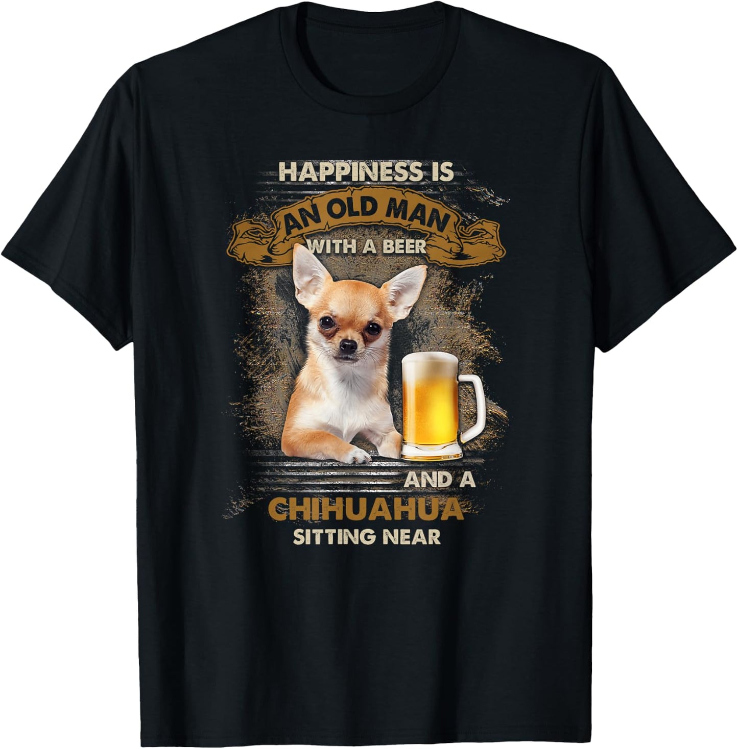 Happiness is an old man with a beer and a chihuahua T-Shirt - T-Shirt | Black