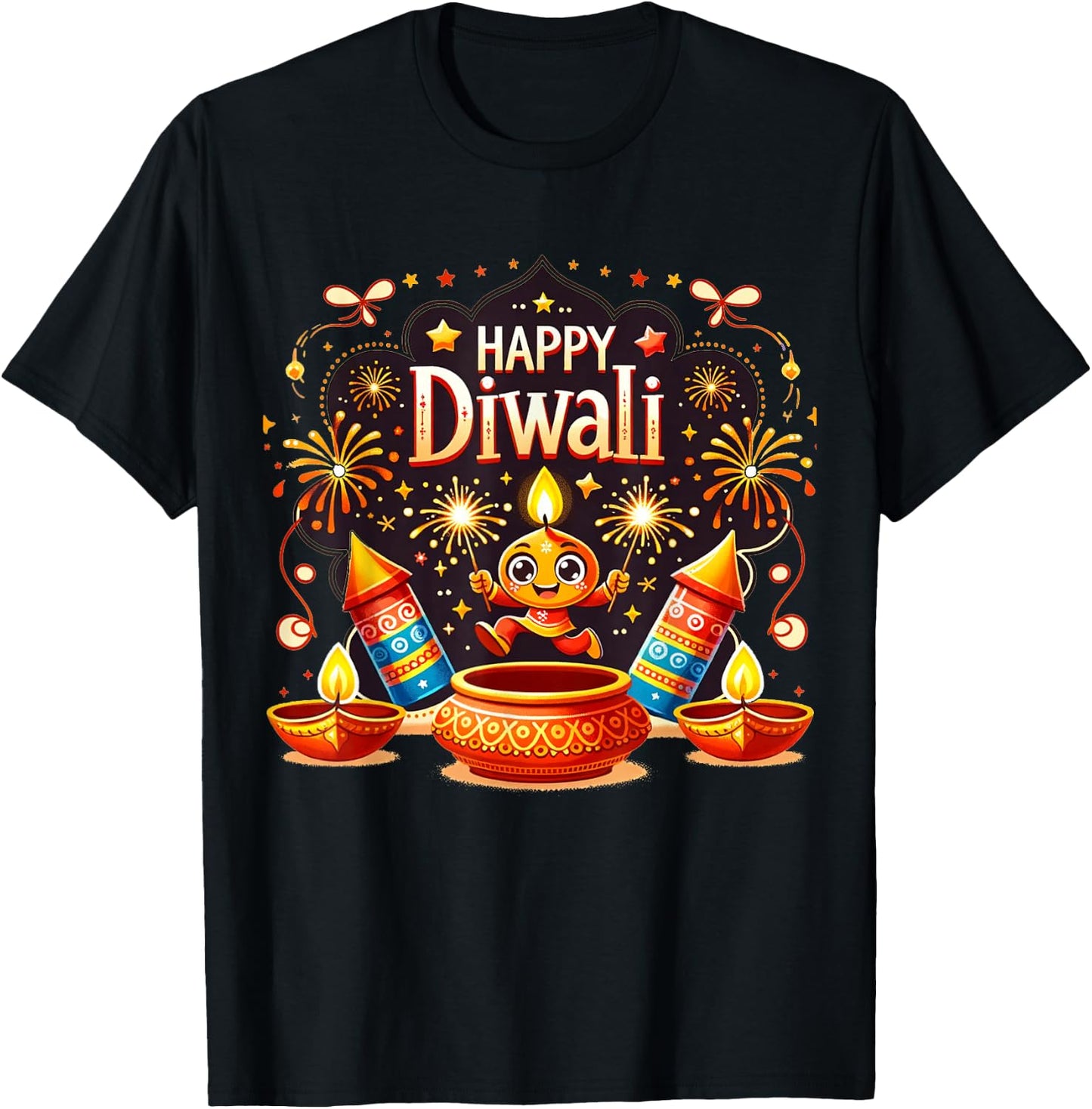 Happy Diwali: Dancing Diyas & Firecracker Candle Celebration T-Shirt - T-Shirt | Black