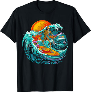 Skull Skeleton Surfer Wave Beach Vintage Funny 80s 80s T-Shirt - T-Shirt | Black
