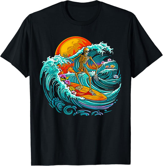 Skull Skeleton Surfer Wave Beach Vintage Funny 80s 80s T-Shirt - T-Shirt | Black