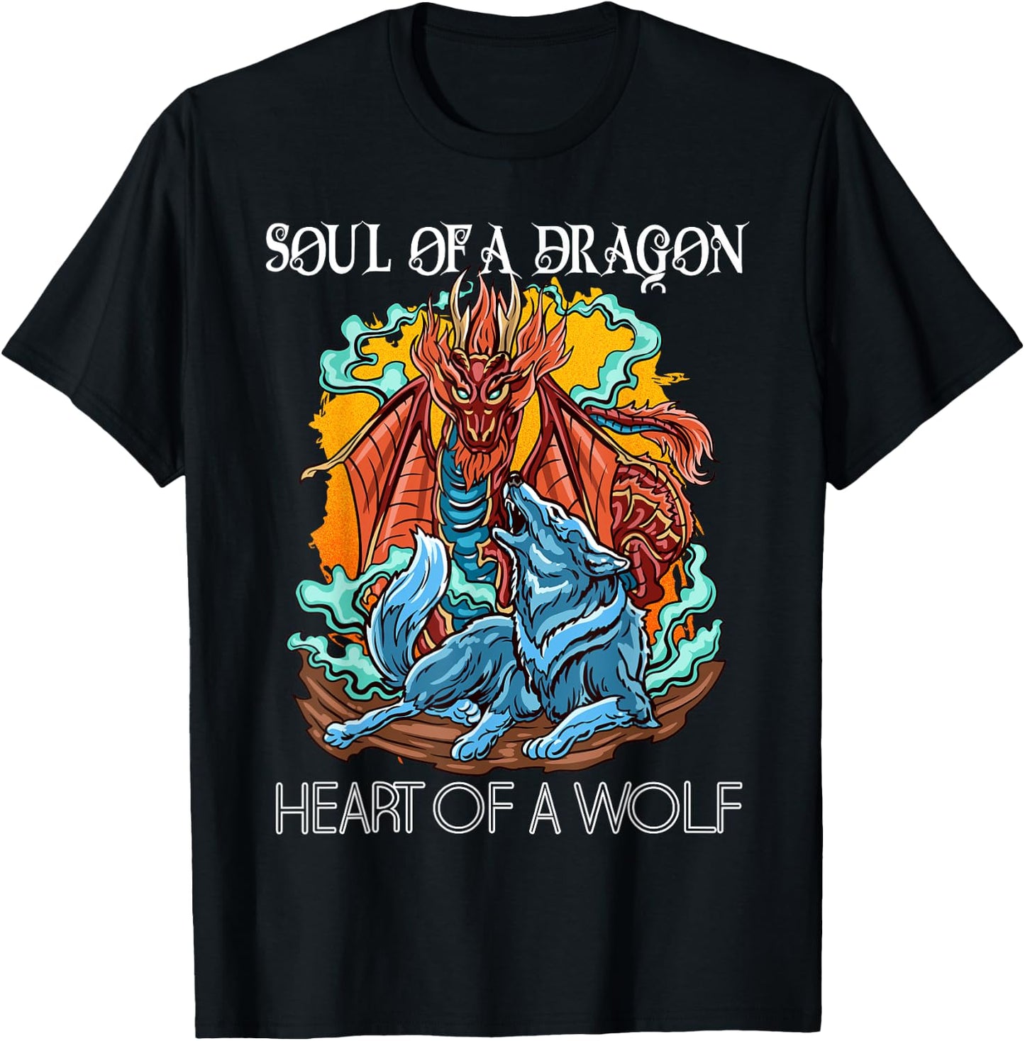 Heart of a Wolf Soul of a Dragon Goth Dragon and Wolf T-Shirt - T-Shirt | Black
