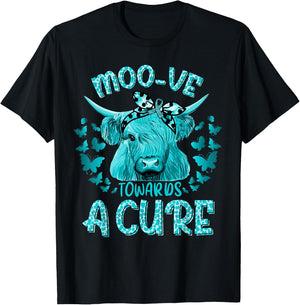 Funny Cow Moo Ovarian Cancer Towards a Cure T-Shirt - T-Shirt | Black