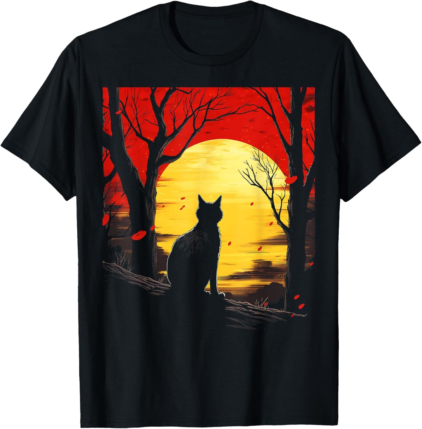 Cat Nature Moon Animal Art Graphic Motif Cat T-Shirt - T-Shirt | Black
