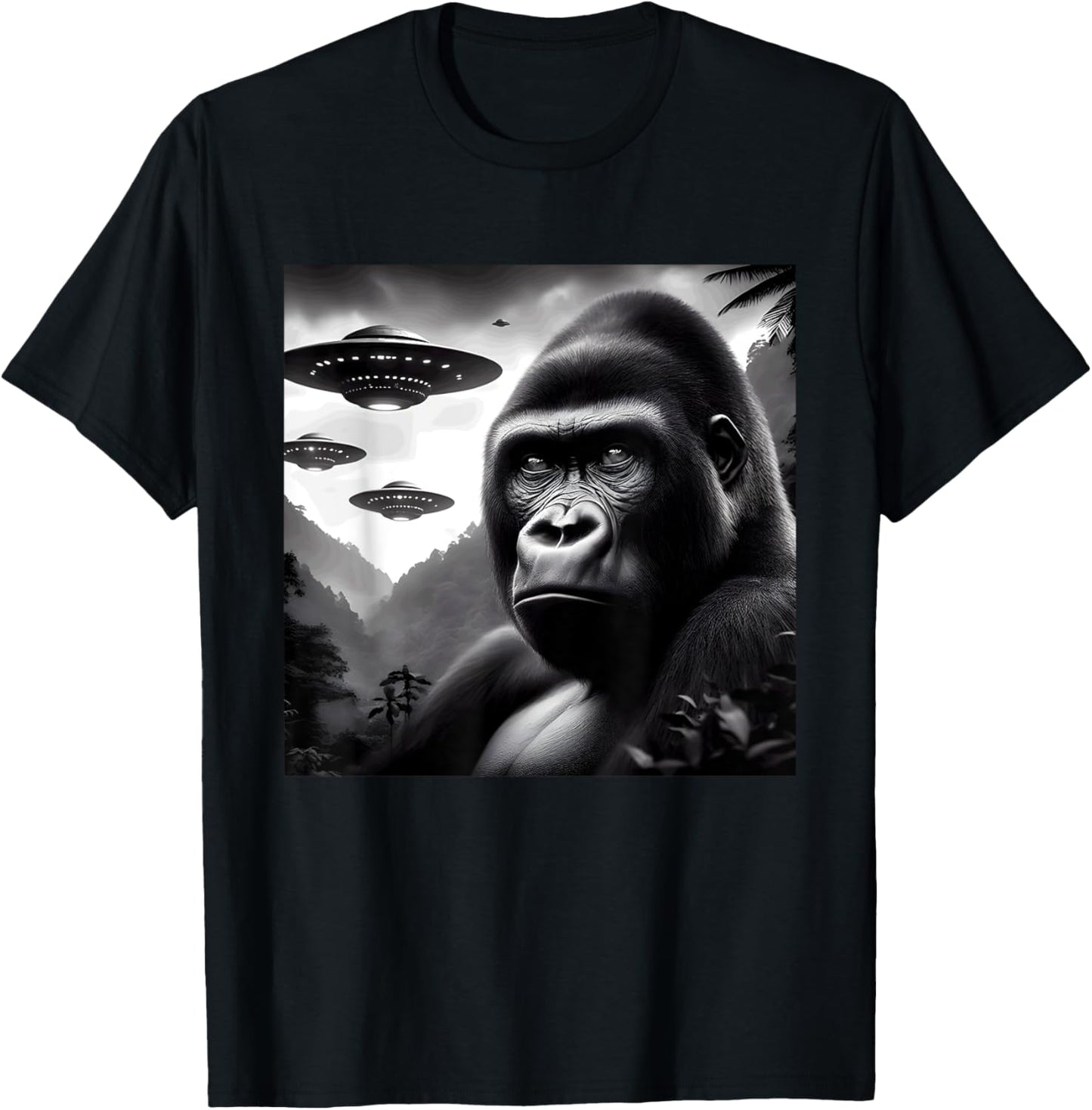 Gorilla Monkey Funny Graphic Selfie with UFOs Weird Aliens T-Shirt - T-Shirt | Black