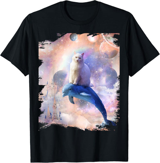 Space Cat Riding Dolphin Men Women Kids T-Shirt - T-Shirt | Black