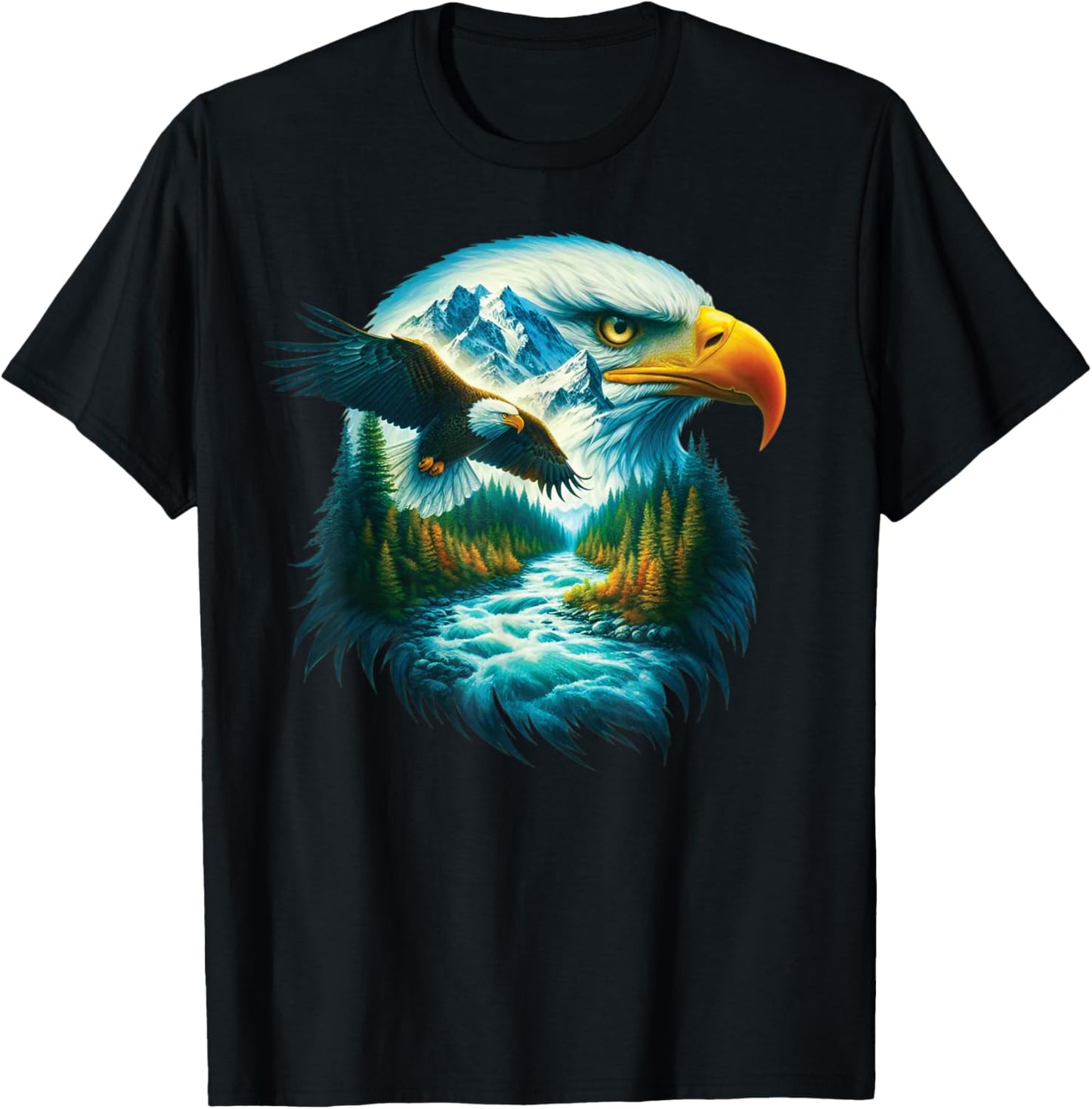 Eagle Wildlife Hiking Nature Outdoor Mountains Forest Art T-Shirt - T-Shirt | Black