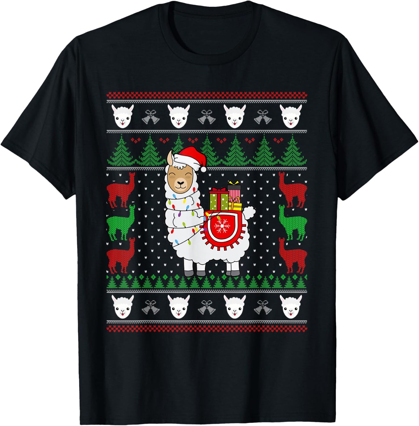 Christmas Llama Santa Hat Cute Ugly Xmas Sweater Funny Gift T-Shirt - T-Shirt | Black