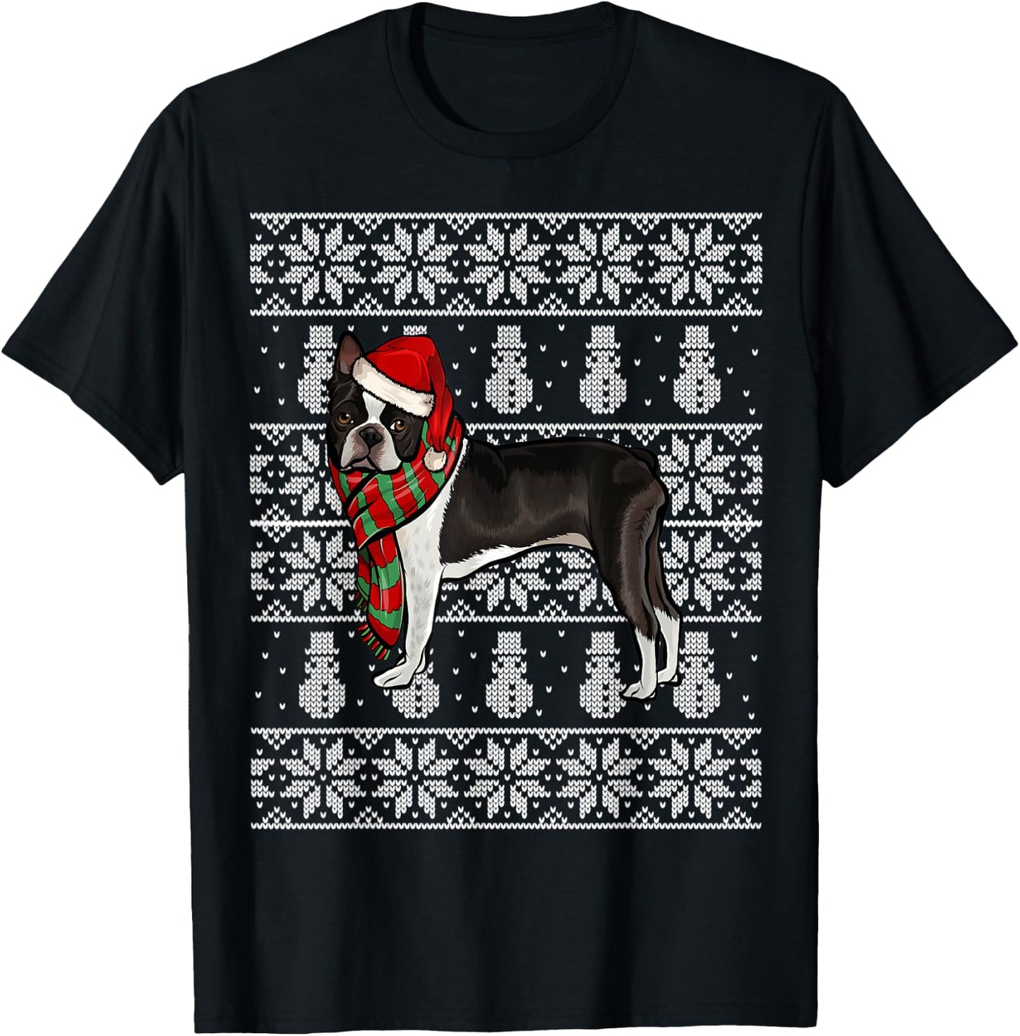 Santa Hat Xmas Boston Terrier Ugly Christmas T-Shirt - T-Shirt | Black