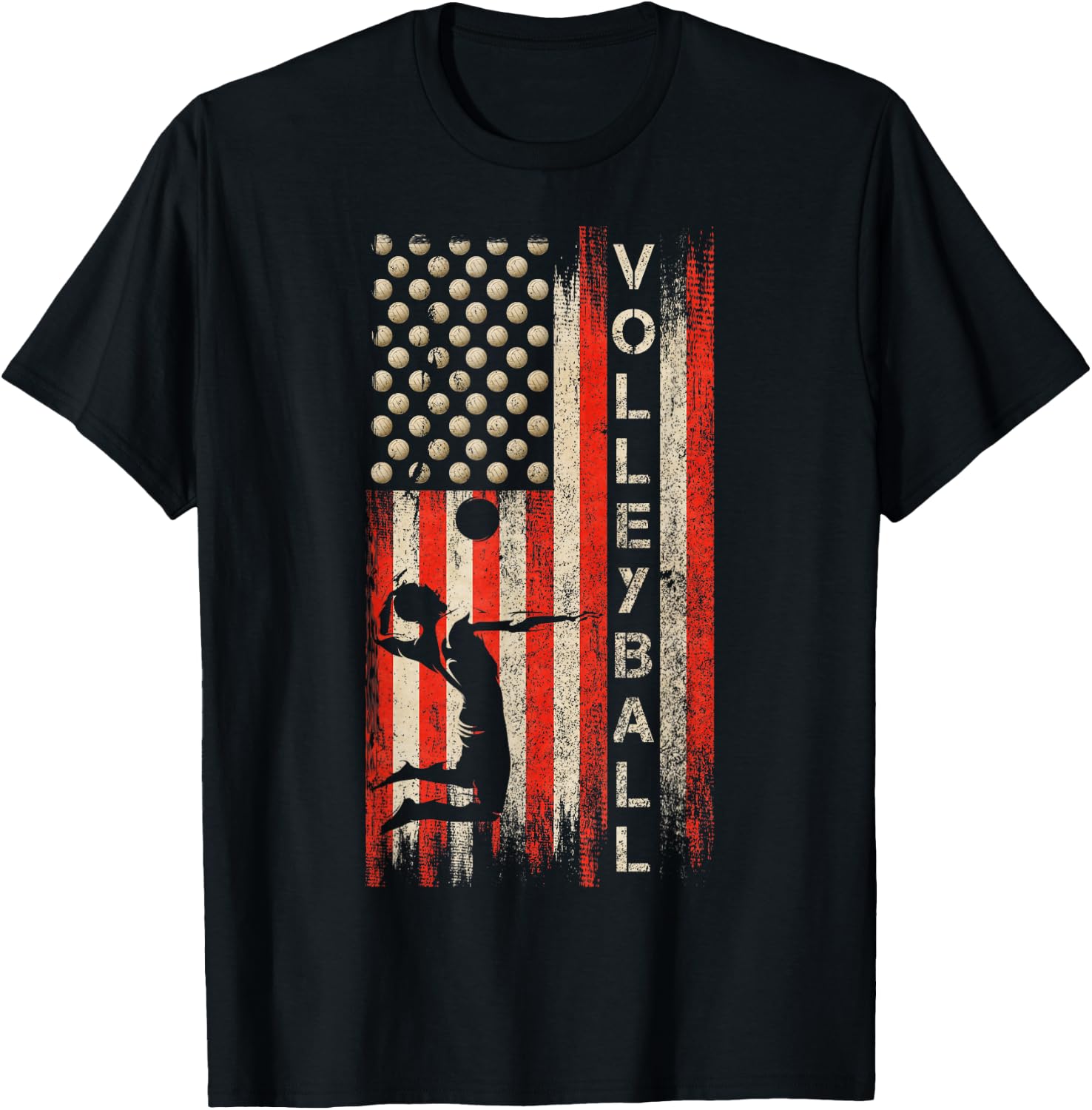 Vintage USA American Flag Volleyball Player Team Silhouette T-Shirt - T-Shirt | Black