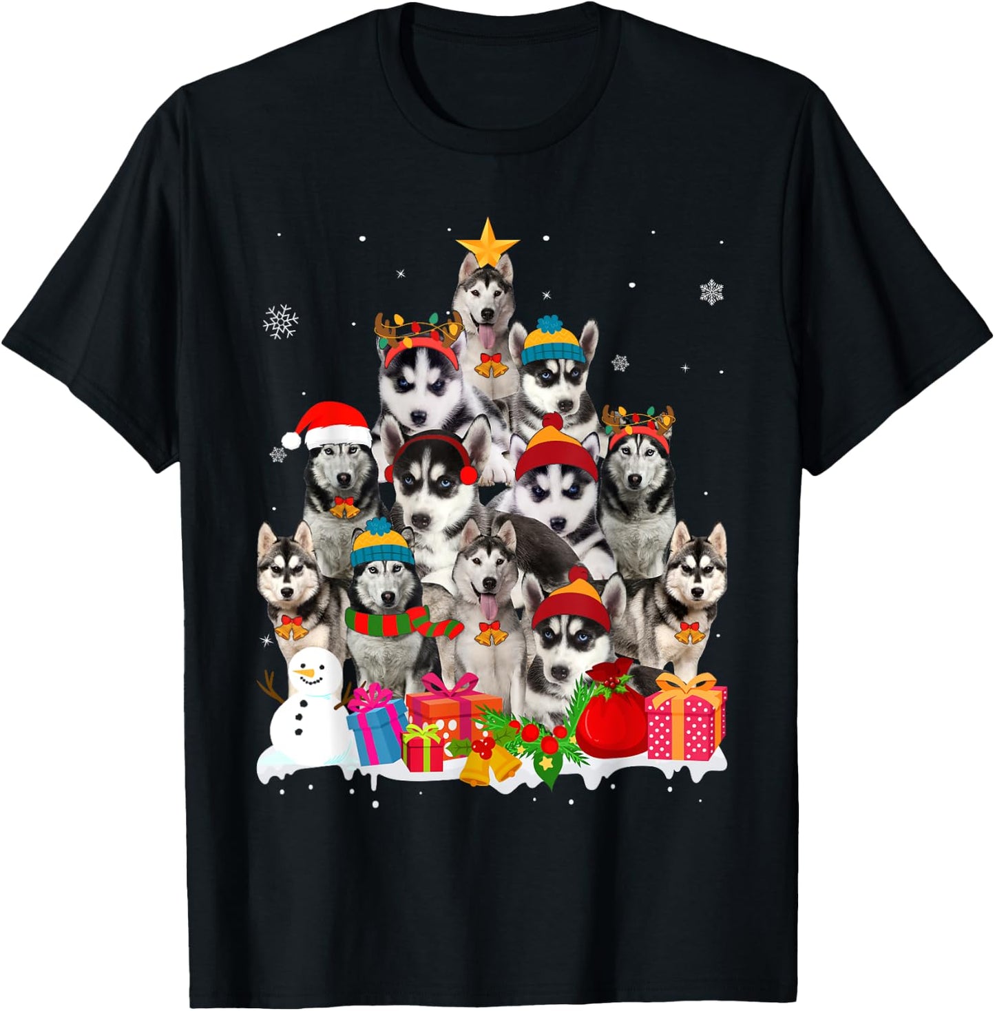 Funny Siberian Husky Christmas Tree Pet Dog Lover Women Kids T-Shirt - T-Shirt | Black