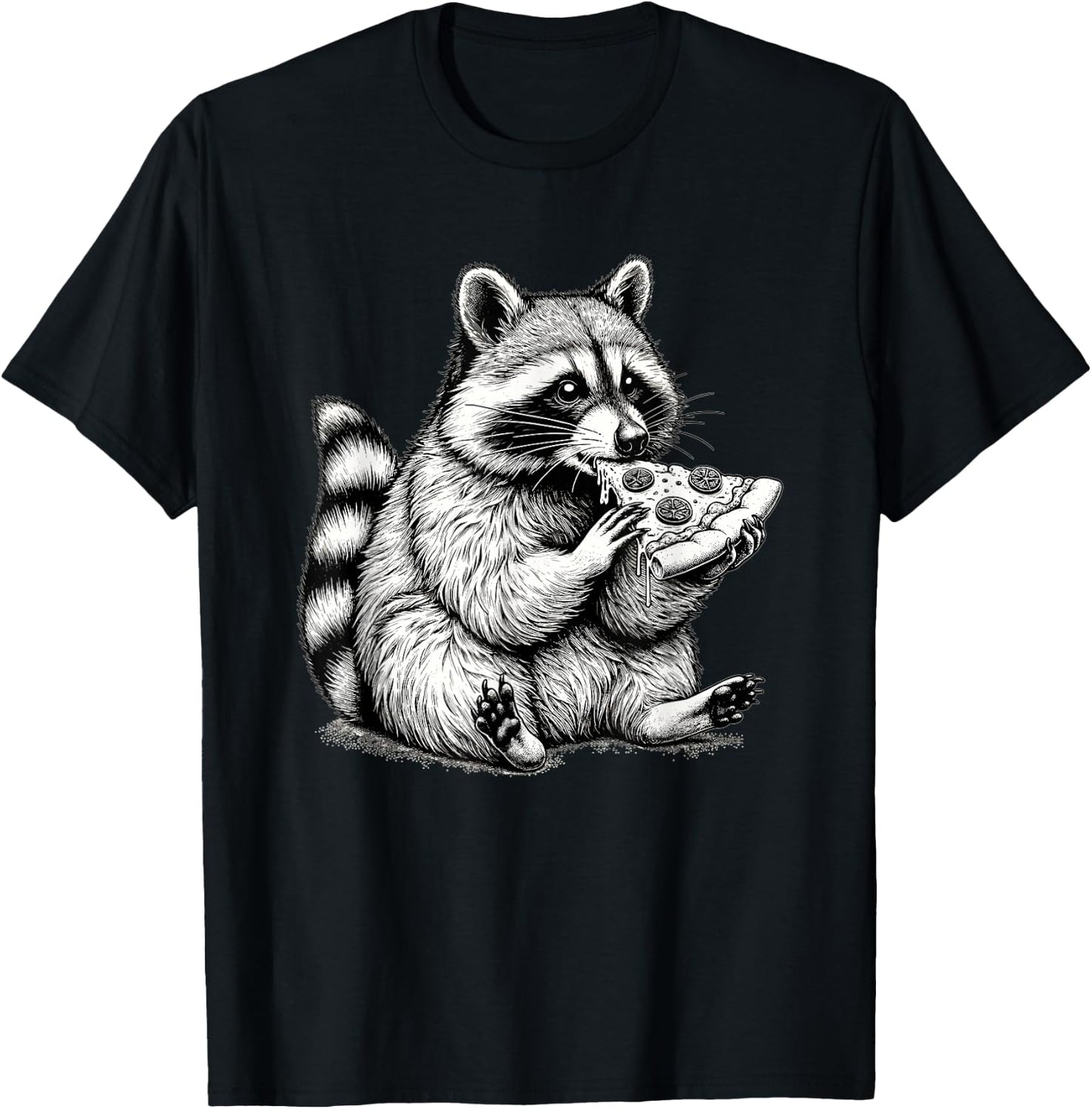 Raccoon Eating Pizza Slice Hand Drawn Art Cute Raccoon T-Shirt - T-Shirt | Black