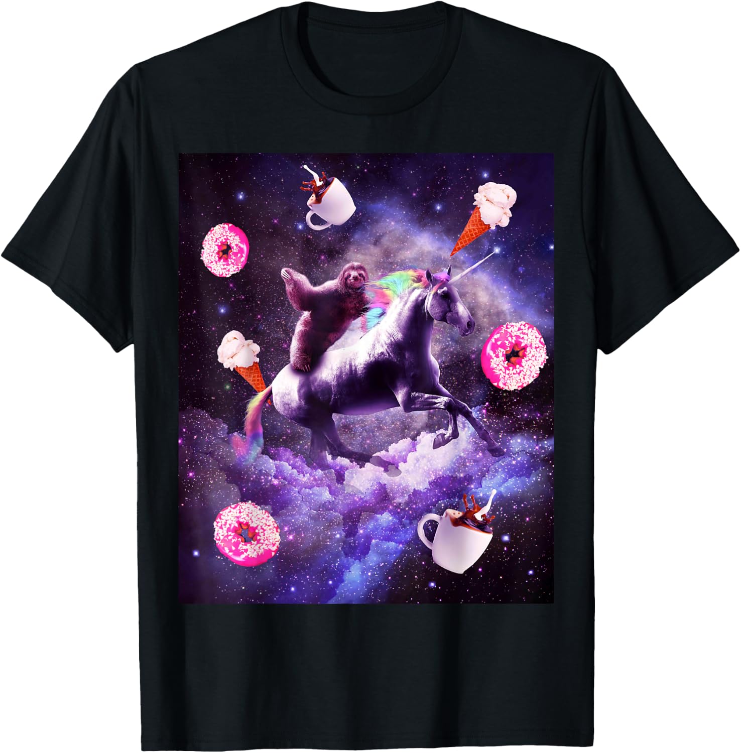 Outer Space Sloth Riding Unicorn - Donut T-Shirt - T-Shirt | Black