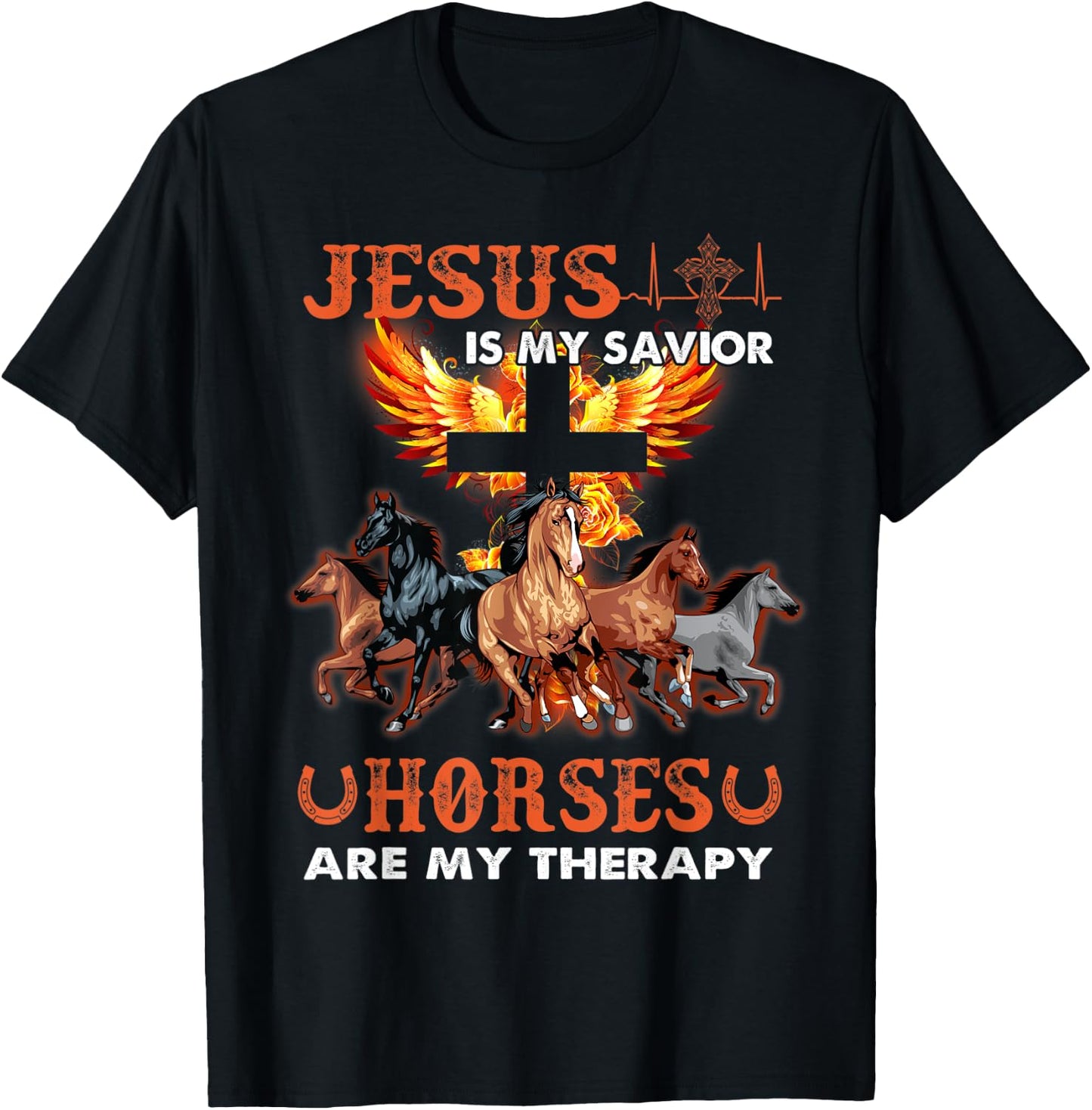 Jesus Is My Savior Horses Are My Therapy Christian T-Shirt - T-Shirt | Black