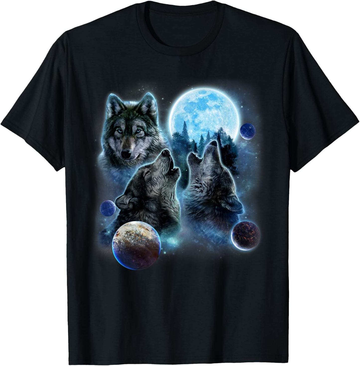 Three Wolf Howling and Moon T-Shirt - T-Shirt | Black