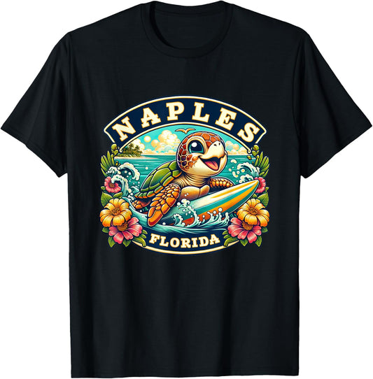 Naples Florida Cute Sea Turtle Surfing T-Shirt - T-Shirt | Black