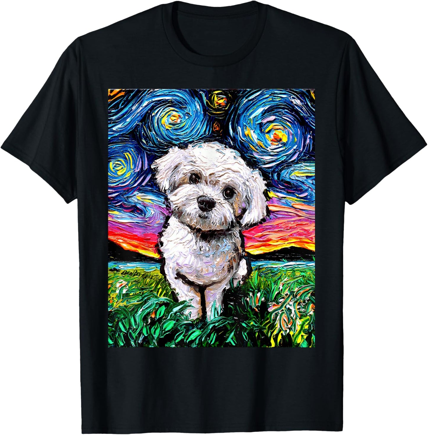 Maltipoo Starry Night White Maltese Poodle Dog Lover Artwork T-Shirt - T-Shirt | Black