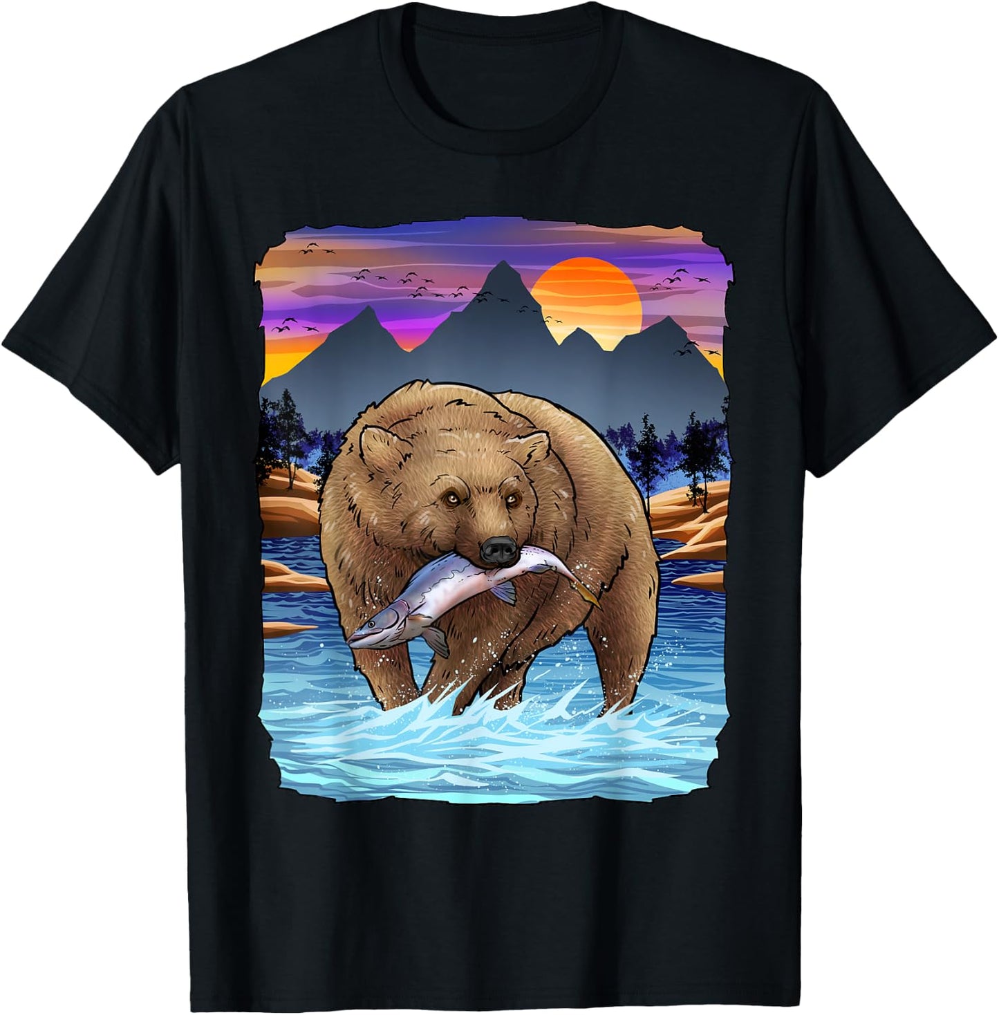 Grizzly Bear Catching Salmon Alaska Fishing Nature Lover T-Shirt - T-Shirt | Black