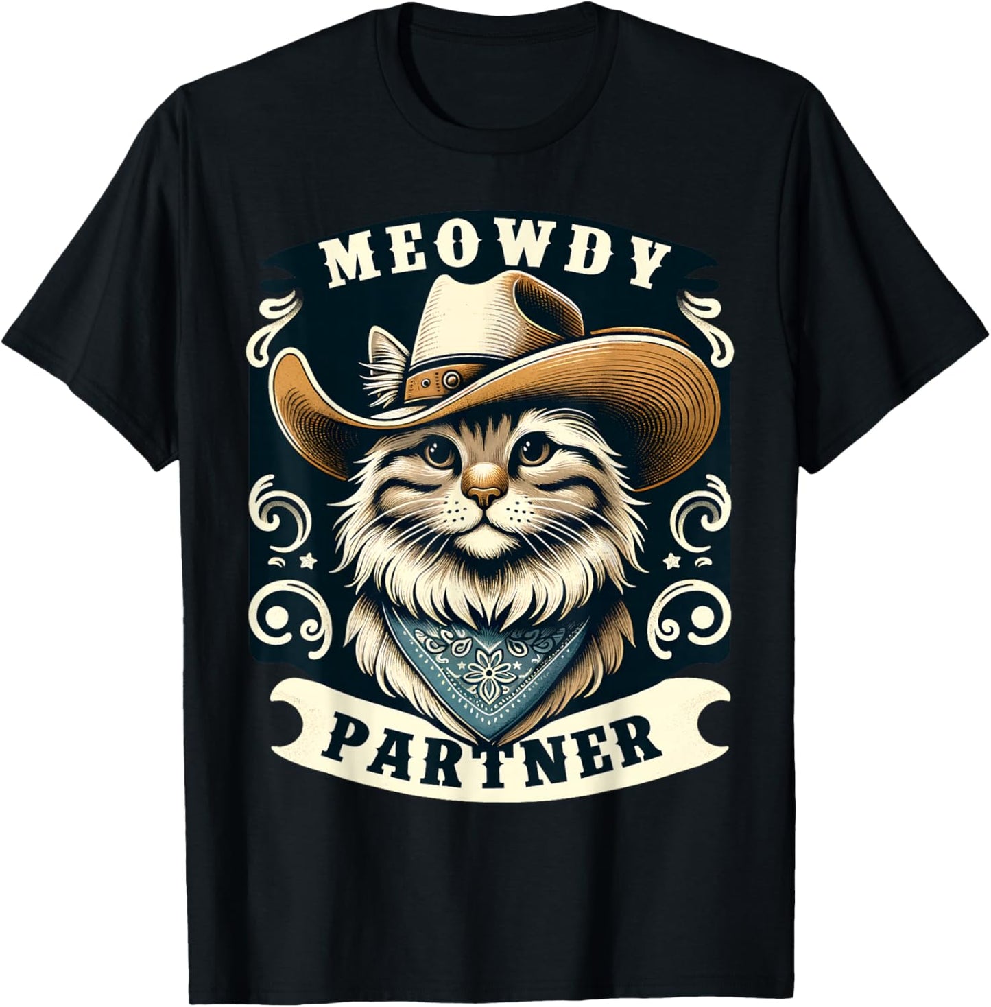 Meowdy Partner Cat Cowboy Hat Howdy Funny Country Western T-Shirt - T-Shirt | Black