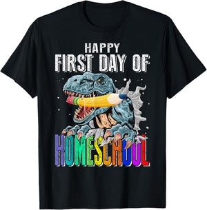 Happy First Day Of Homeschool Dinosaur Back To School T-Shirt - T-Shirt | Black