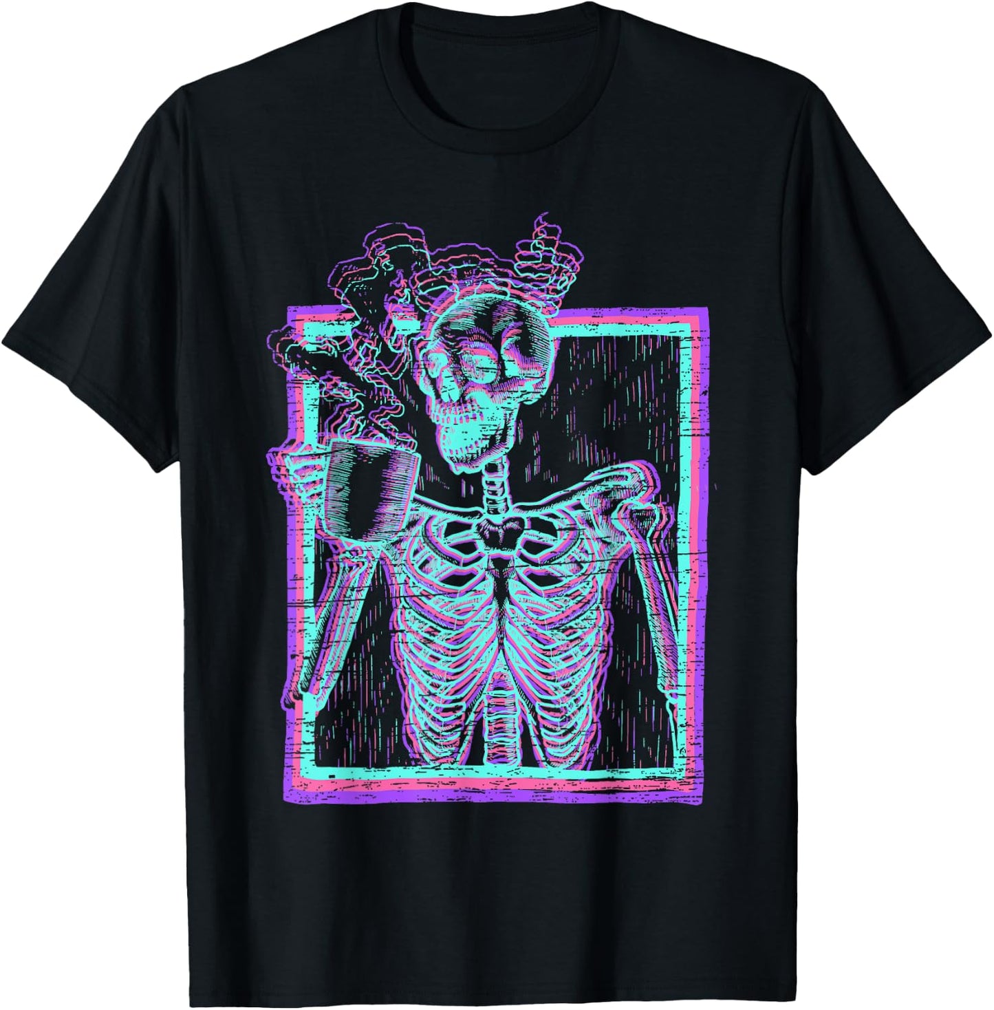 Distressed Synthwave Skeleton Vaporwave Smiling Skull Coffee T-Shirt - T-Shirt | Black