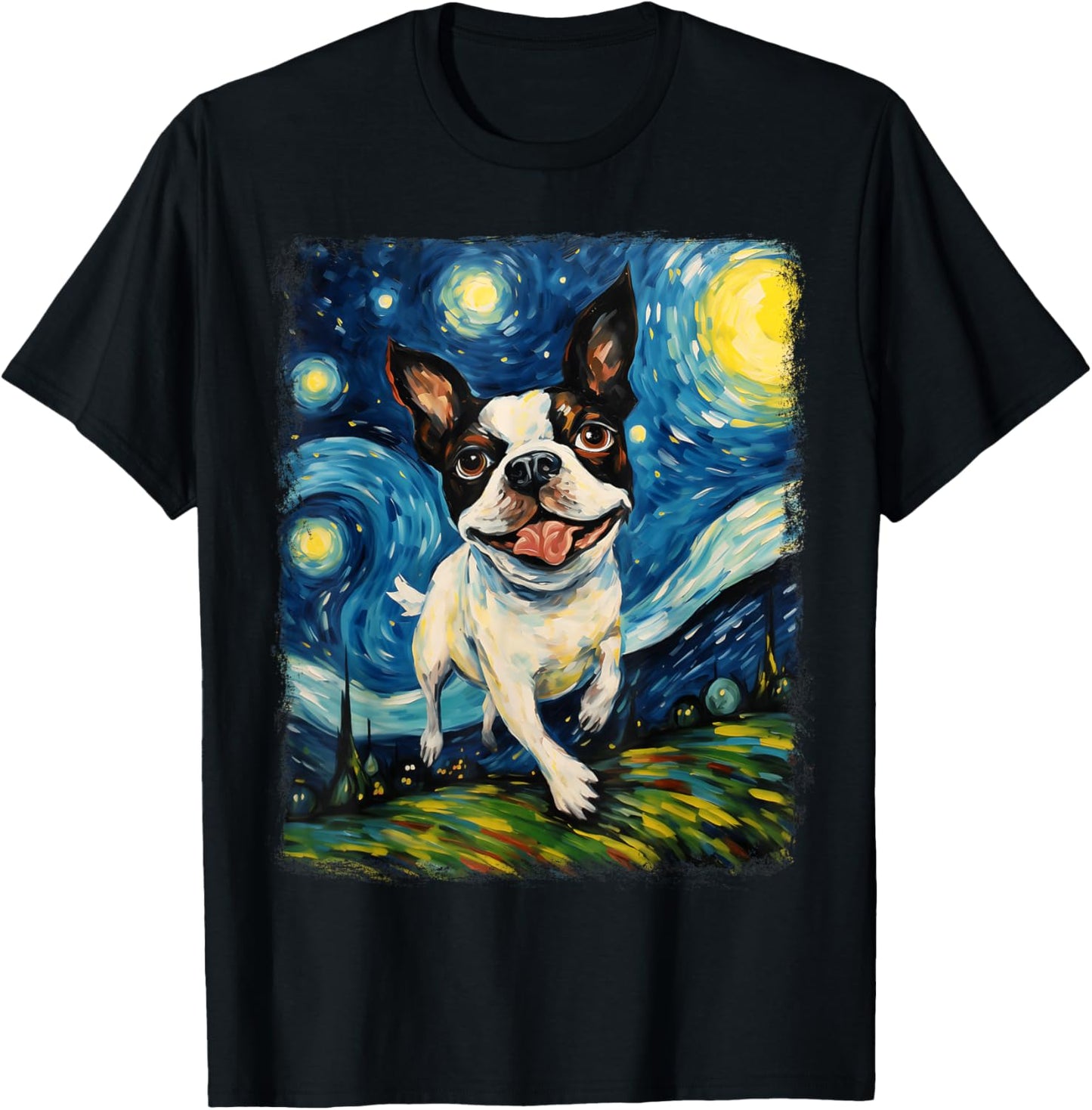 Boston Terrier Dog Starry Night Painting T-Shirt - T-Shirt | Black