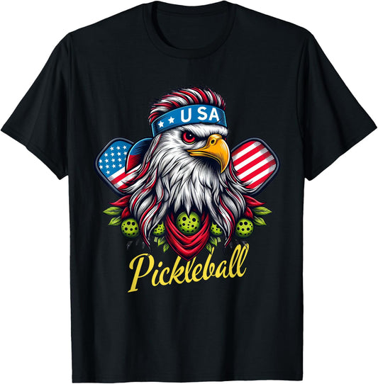 Eagle Mullet Pickleball Lovers 4th of July USA American Flag T-Shirt - T-Shirt | Black